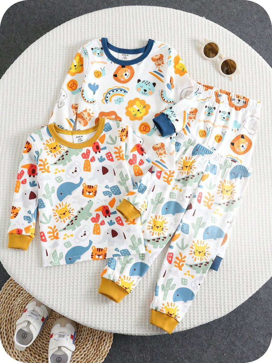 SHEIN 4pcs/Set Baby Boy Cute Casual Cartoon Pattern Colorblock Knit Long Sleeve Pajama Set, Basic Multi-Pack - Multicolor - View 1
