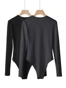 SHEIN BASICS 2pcs/Set Casual Solid Color Knit Crew Neck Long Sleeve Bodysuit For Women Summer Clothes - Black - View 6
