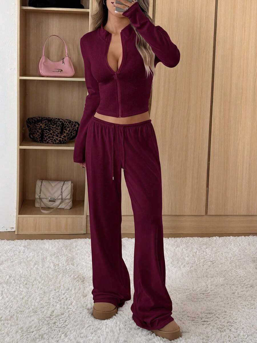 SHEIN EZwear 女士修身夹克和裤子休闲套装 - 酒紅色 - 查看 1