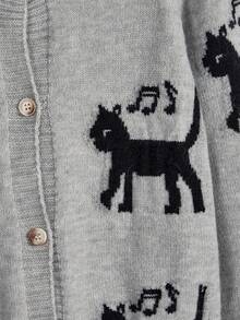 ROMWE Kawaii 黑猫与音符提花针织开衫 - 灰色 - 查看 3