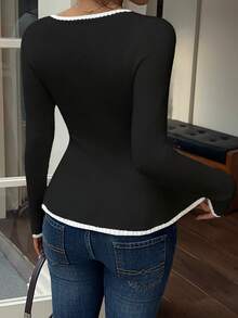 Sunnyshic Sexy Fitted Fashionable Women Contrast Trim V-Neck Casual Long Sleeve Pullover Sweater Top - Black and White - View 2