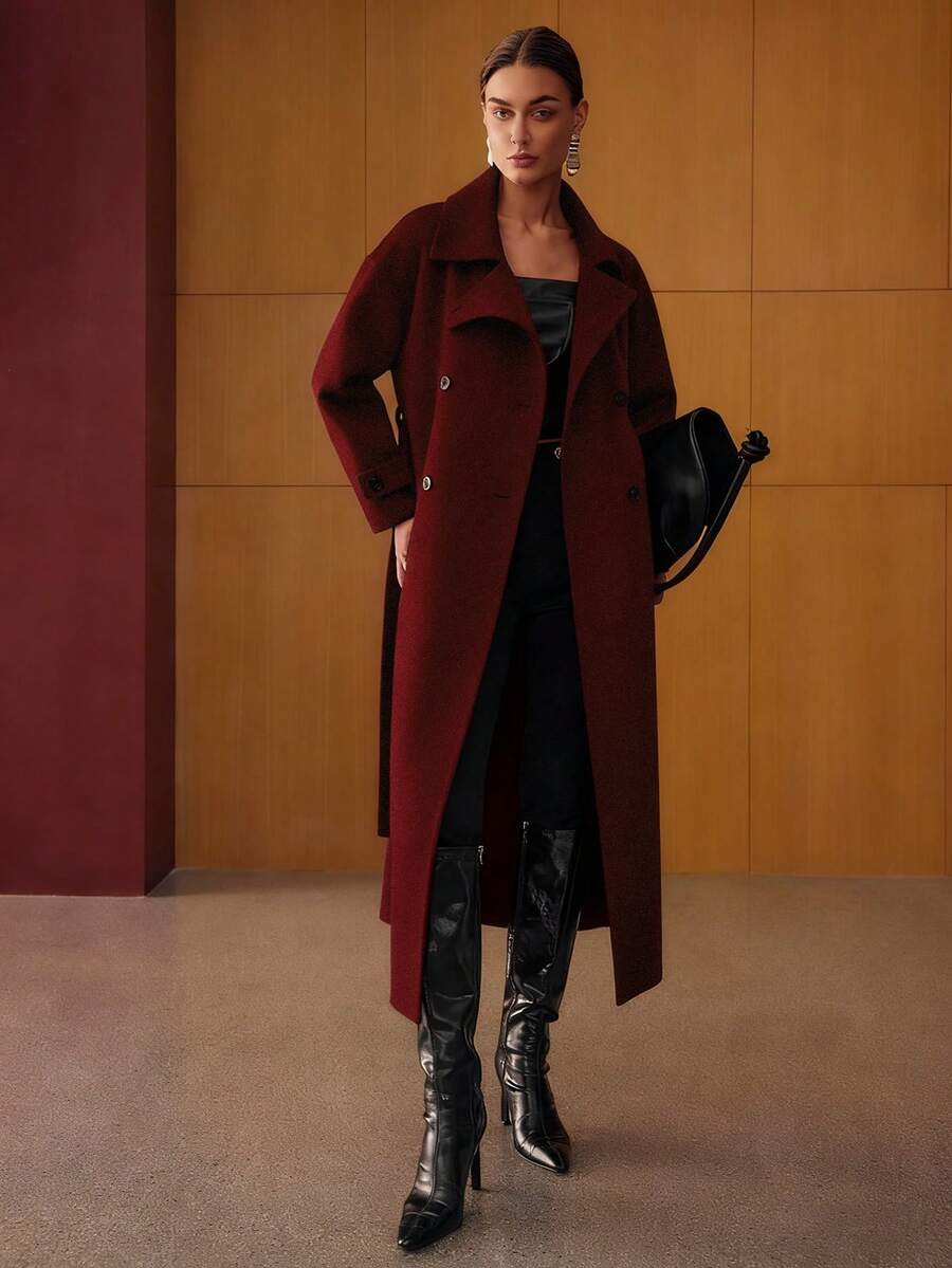 MOTF PREMIUM WOOL DOUBLE BREASTED PLACKET BELTED OVERCOAT - Burgundy - View 1