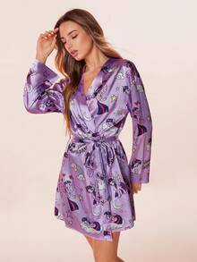 My Little Pony X SHEIN Women Cute Cute Pony Print Drop Shoulder Robe Purple Sleep Silk Robe Purple Robe, For Fall & Winter