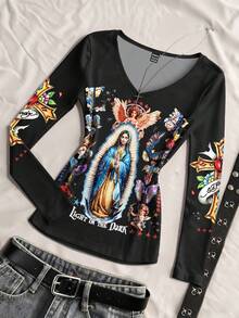 Glimmora Women's Casual V-Neck Long Sleeve T-Shirt With Angel Letter Print - Rust Brown - View 3