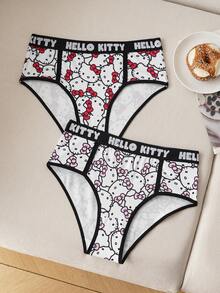 HELLO KITTY AND FRIENDS | SHEIN 女式全印花撞色滚边字母腰带舒适内裤 - 白色 - 查看 1