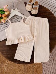 SHEIN Baby Girl Casual Daily Chic Floral Embroidery Camisole And Solid Color Pants Set, Lovely Sunsuit For Outdoor Activities In Summer