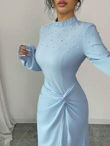 SHEIN Elenzya 女士优雅派对礼服，蓝色，串珠设计，秋冬款 - 淺藍色 - 查看 5