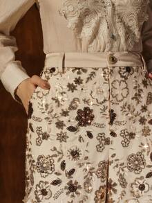 Anewsta Elegant Champagne Color Floral Mesh Straight Leg Pants, Glamorous Resort Wear For Women, Spring/Summer Outfits - Champagne - View 2