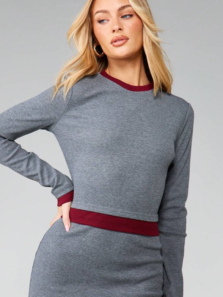 MISSGUIDED Ribbed Knit Long Sleeve Midaxi Dress With Contrast Trim Detail Fall Winter Sweater Dress