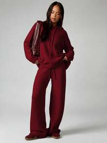 MISSGUIDED Quần ống rộng dệt kim cạp cao dành cho nữ có chi tiết logo, cạp rút dây thoải mái cho mùa đông - Màu Đỏ Sâu - Xem 3