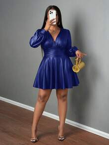 Slaydiva Váy da PU dáng chữ A dài tay xếp ly cổ chữ V tối giản màu trơn dành cho nữ, mùa đông - Màu xanh lam - Xem 7