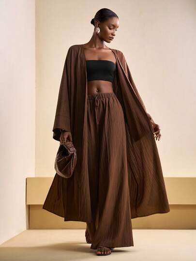 Zivah 2025秋冬新款休闲通勤宽松棕色纹理面料蝙蝠袖和服式中长开衫+高腰阔腿裤女两件套，适合圣诞节、新年、日常出行、节日、购物、旅行、早午餐、机场穿搭、派对、约会、返校季等场合。