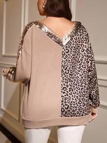 EMERY ROSE Sudadera de mujer talla grande elegante y casual con estampado de leopardo y parches de lentejuelas en escote en V, para otoño/invierno