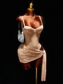 Amplova Váy suông màu nude bóng đính đá lấp lánh dành cho nữ, gợi cảm và sang trọng, thích hợp cho Giáng sinh, tiệc Halloween, mặc hàng ngày, hẹn hò, thu/đông - Nhiều màu - Xem 7