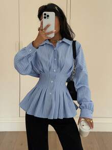 Siren Gaze Áo peplum kẻ sọc thường ngày cho nữ, tay cánh dơi, phù hợp để đi làm và đi chơi, mùa xuân/thu - Màu xanh lam - Xem 6