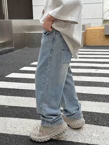 SHEIN 男童复古休闲水洗宽松蓝色牛仔裤，秋冬日常穿着，圣诞节，新年，感恩节，街头风牛仔裤