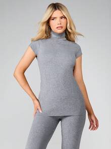 MISSGUIDED Women's High Neck Ribbed Knit Co-Ord Set Long Sleeve Top And Flared Pants Lounge Wear - Dark Grey - View 5