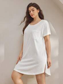 Ocili Soft Cotton Simple T-Shirt Dress, Comfortable Sleepwear, Plus Size - White - View 7