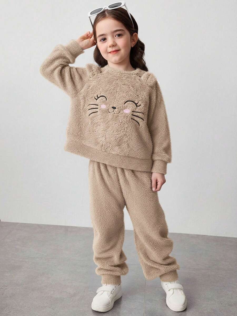 SHEIN 2pcs/Set Young Girl Young Girlrl Reversible Fleece Crew Neck Sweatshirt And Sweatpants, Girls Autumn Casual Wear