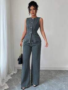 Elenzga Conjunto de chaleco y pantalones de mezclilla sin mangas de moda casual para mujer - Azul lavado medio - Ver 4