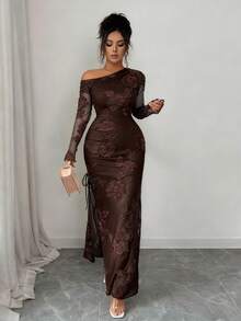 Rafferiza Jacquard Mesh Asymmetric Slit Dress For Women - Coffee - View 7