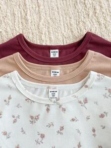SHEIN 3 Stücke/Set Mädchen elegantes Blümchen-Rippstrick-Unterhemd-Set mit Rundhalsausschnitt und Langarm, Rosa, Nude & Weiß