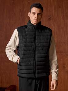 Officeau 1pc Men's Sleeveless Jacket, Stand Collar, Warm & Fashionable Versatile Outerwear, Autumn/Winter, Old Money - Black - View 4