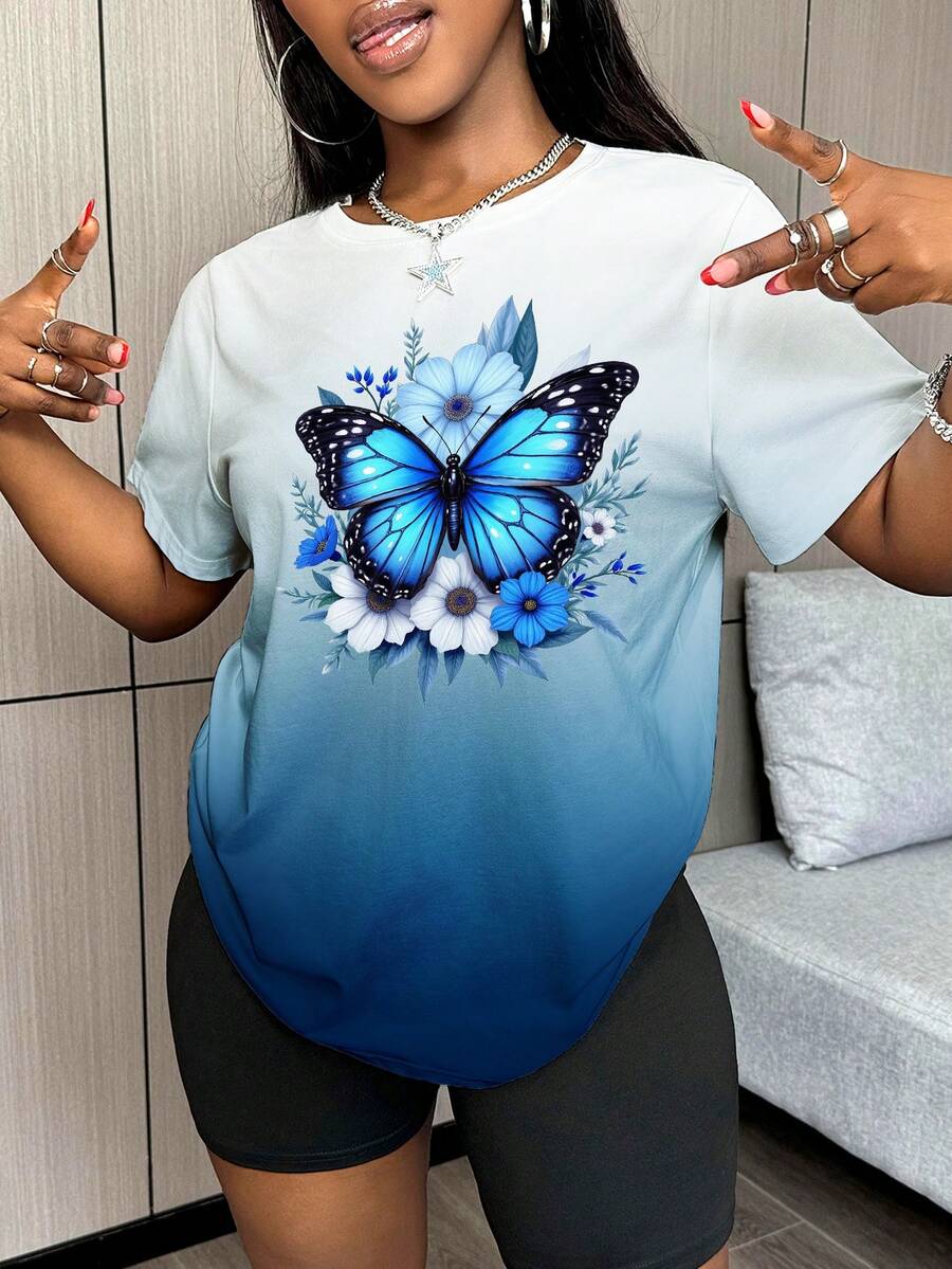 Zolique 女士彩色蝴蝶印花渐变短袖 T 恤，休闲夏季 T 恤 - 彩色 - 查看 1