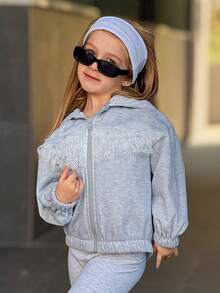 DAZY Stickad huvtröja för ung flicka med kontrasterande spets, termiskt foder, höstkläder - Grå - Visa 6