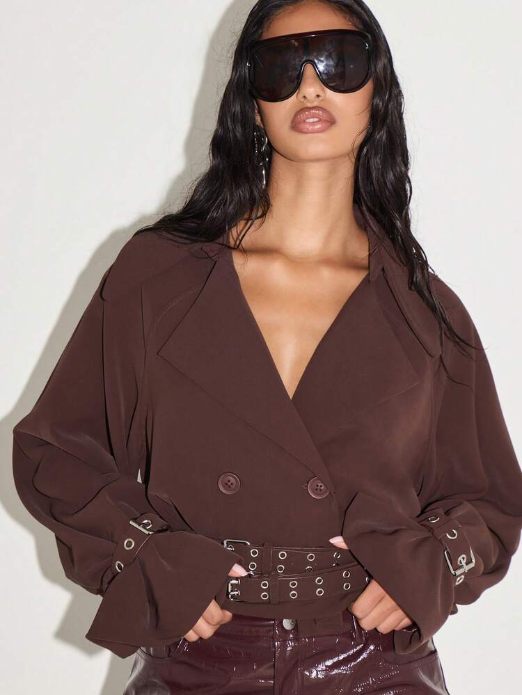 KIZN Cropped Double-Breasted Trench Coat With Buckle Details