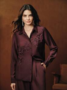Anewsta Elegant Luxury Fashion Collared Single-Breasted Design Embroidered Beaded Loose Long Sleeve Women Blouse, Christmas Women's Clothing - Burgundy - View 6