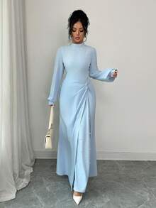 SHEIN Elenzya 女士优雅派对礼服，蓝色，串珠设计，秋冬款 - 淺藍色 - 查看 4