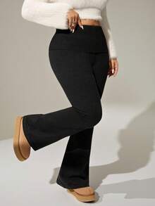 Auralis Plus Size Black Ribbed High Waist Cinched Flared Leg Fitted Pants, Suitable For Loungewear, Office, Y2K, Yoga/Winter Bell Bottom Pants Pants Flare Leg Flared Leggings Flared Pants For Women/Slim Fit, Comfortable, Soft Black High-Elasticity High-Waisted Flared Pants/Sweater Pants/Casual Loungewear - Black - View 2