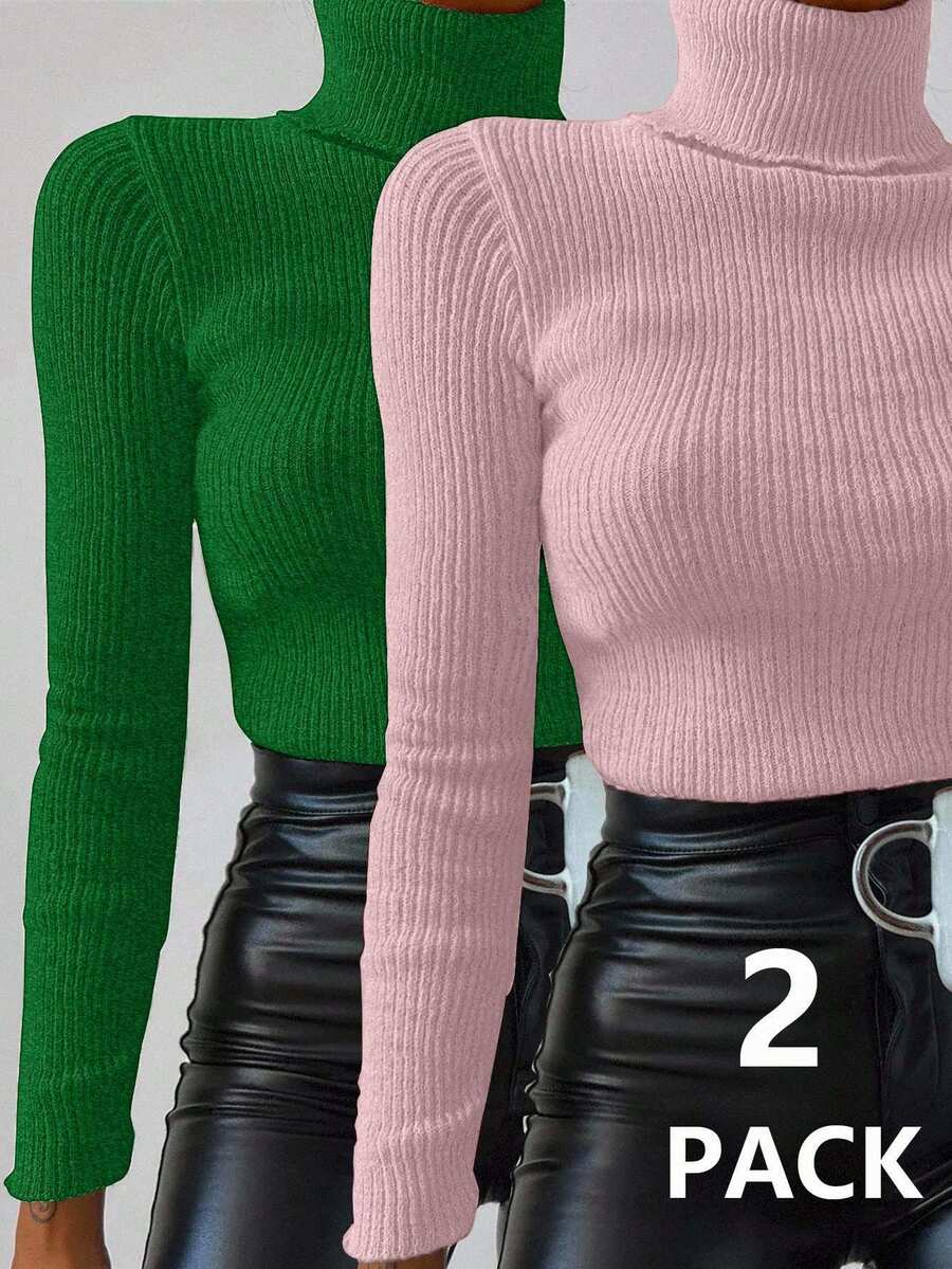 SHEIN Cottnline 2 قطعة/عبوة كنزة صوفية نسائية ذات ياقة طويلة الأكمام عالية الرقبة، متعددة الأنماط - متعدد الألوان - مشاهدة 1
