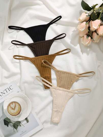 5pcs/Pack Women's Solid Color Ribbed Thong Panties
