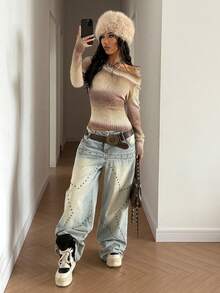 StreetHx 女式渐变色街头风宽松露肩套头毛衣，秋冬 - 彩色 - 查看 5