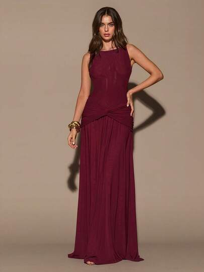 SHEIN BAE Women's Burgundy Round Neck Sleeveless Twist Waist Maxi Dress, Elegant Extra-Long Dress ,Christmas,Winter Dresses For Women,New Year Dress,Elegant Dresses For Party,New Year Dress