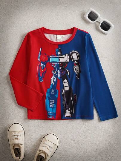 Transformers X SHEIN Camiseta de punto de manga larga con cuello redondo, corte relajado y gráfico de robot con bloques de color para niño