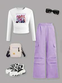Sparklyn 2pcs/Set KPOP Girl Group Printed Top & Purple Straight Leg Cargo Pants Set, Fashion Casual Streetwear For Tween Girls - Multicolor - View 4