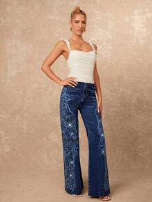 Lumalex VITNOS Navy Blue Autumn 90s Wide Leg Cotton Denim Jeans,Laser Engraved Floral Pattern Rhinestone Embellished,Elegant Night Out Party Old Money Style - Blue - View 4