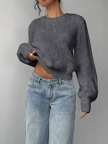 SHEIN BASICS Women's Casual Solid Color Sweater, Autumn/Winter,Fall,Fall Clothes For Women,Winter Clothes For Women - Dark Grey - View 3