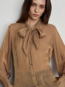 Zanirela Khaki Satin Kragen Krawatte Langarm Hemd, zart & sanft, geeignet für den täglichen Gebrauch, Arbeit und Zusammenkünfte - Khaki - Übersicht 7