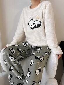 SHEIN Cartoon Panda Embroidered Fluffy Top And Flannel Printed Pajama Pants Set For Women, Cozy Winter Clothes