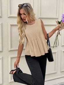 SHEIN LUNE 女士休闲褶皱无袖白色纯棉衬衫 纯棉上衣 夏季上衣 100%纯棉上衣 无袖纯棉上衣 女士纯棉衬衫 女士纯棉衬衫，休闲 - 卡其色 - 查看 2