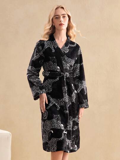 EverLounge 女士豹纹交叉裹身系带睡袍，时尚家居服，蓬松舒适，冬季必备