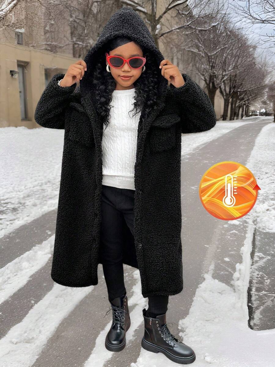 SHEIN Veste à capuche réversible en polaire épaisse de couleur unie pour préadolescentes, convient pour le port casual quotidien, veste longue, noir, automne/hiver - Noir - Voir 1