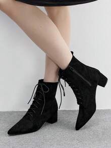 Daringsoles Fashionable Versatile Lace-Up Chunky Heel Ankle Boots - Black - View 4