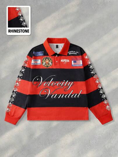 Street Life Men's Preppy Casual Letter Striped Polo Shirt