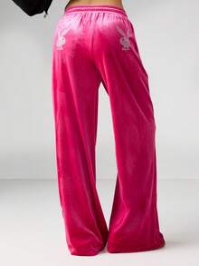 Missguided x Playboy 水钻Logo丝绒运动裤阔腿抽绳休闲裤家居裤 - 粉色 - 查看 2