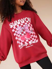 SUMWON Cherry Red Graphic Print Sweatshirt With Checkered Design Pattern And Leggings Co-Ord Set Vacation - Burgundy - View 5